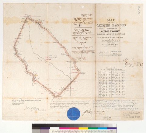 Diseño: Map of the Caymus Rancho, finally confirmed to George C. Yount : [Napa Co., Calif.] / Surveyed under the direc