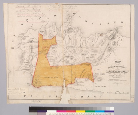 Diseño: Map of the northern portion of San Francisco County : compiled from surveys, June 1st 1852 / by Clement Humphr