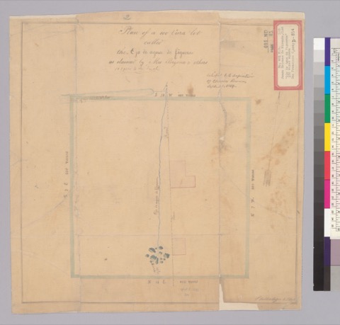 Diseño: Plan of a 100 vara lot called the Ojo de agua de figuera : as claimed by Mrs. Bryones & others / [San Francisc