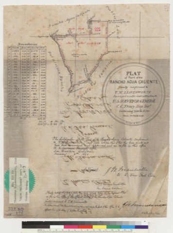 Diseño: Plat of part of the Rancho Agua Caliente [Sonoma Co., Calif.] : finally confirmed to T.M. Leavenworth / survey