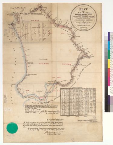 Diseño: Plat of the northern part of the Rancho San Antonio [Alameda County, Calif.] : finally confirmed to Vicente an