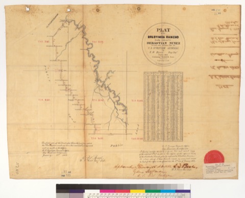 Diseño: Plat of the Orestimba Rancho, finally confirmed to Sebastian Nunez : [Calif.] / Surveyed under instructions fr