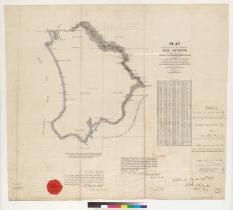 Diseño: Plat of the part of the Rancho San Antonio finally confirmed to Vicente and Domingo Peralta, et al. : [Alameda