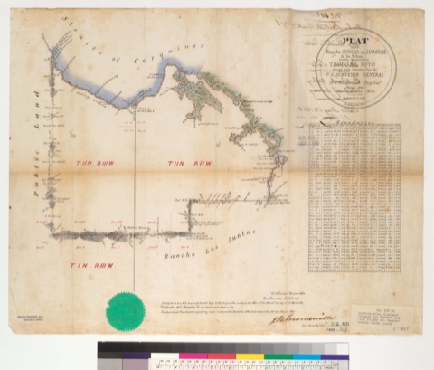 Diseño: Plat of the Rancho Cañada del Hambre de las Bolsas [Calif.] : finally confirmed to Teodora Soto / surveyed und