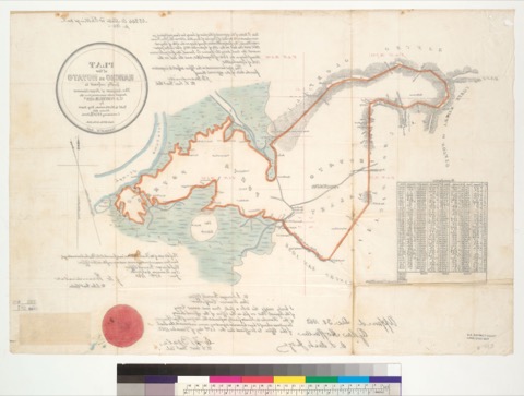Diseño: Plat of the Rancho de Novato, finally confirmed to the assignees of Bezar Simmons : [Marin Co., Calif.] / Surv