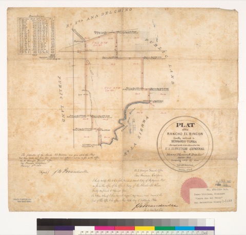 Diseño: Plat of the Rancho El Rincon [San Bernardino and Riverside Counties, Calif.] : finally confirmed to Bernard Yo