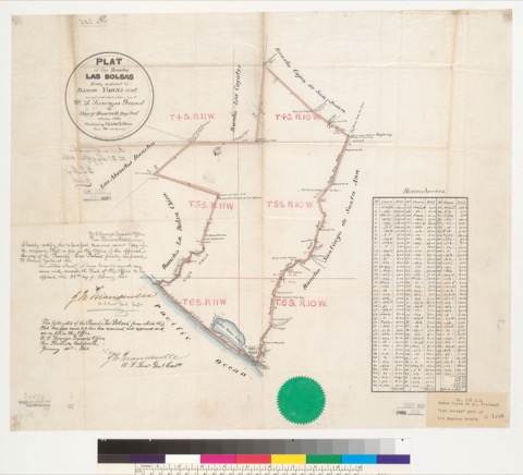 Diseño: Plat of the Rancho Las Bolsas [Calif.] : finally confirmed to Ramon Yorba et al. / surveyed under instructions