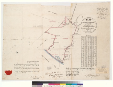 Diseño: Plat of the Rancho Las Bolsas [Calif.] : finally confirmed to Ramon Yorba et al. / surveyed under instructions