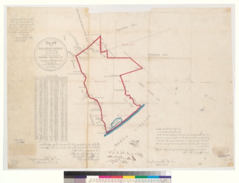 Diseño: Plat of the Rancho Las Bolsas [Calif.] : finally confirmed to Ramon Yorba et al. / surveyed under instructions