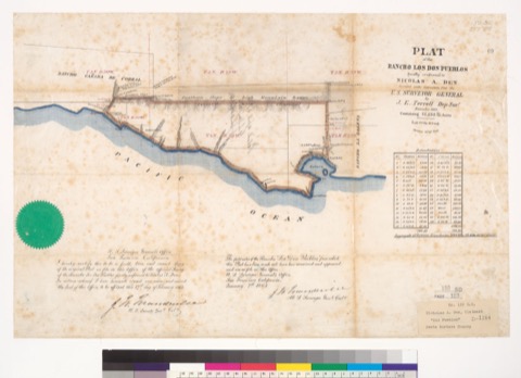 Diseño: Plat of the Rancho Los Dos Pueblos, finally confirmed to Nicolas A. Den : Surveyed under instructions from the