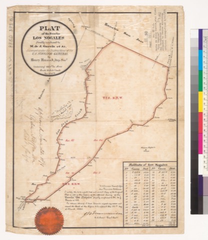 Diseño: Plat of the Rancho Los Nogales [Calif.] : finally confirmed to M. de J. Garcia et al. / surveyed under the ins