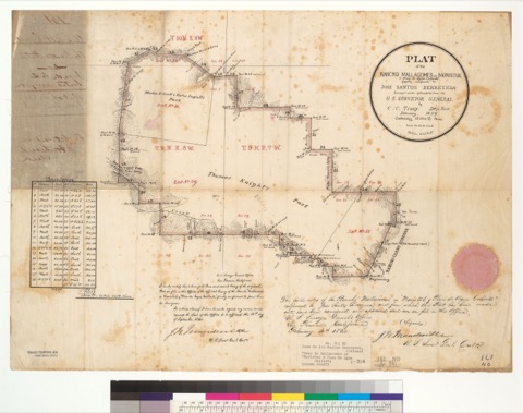 Diseño: Plat of the Rancho Mallacomes or Moristul & Plan de Agua Caliente, finally confirmed to José Santos Berreyesa 