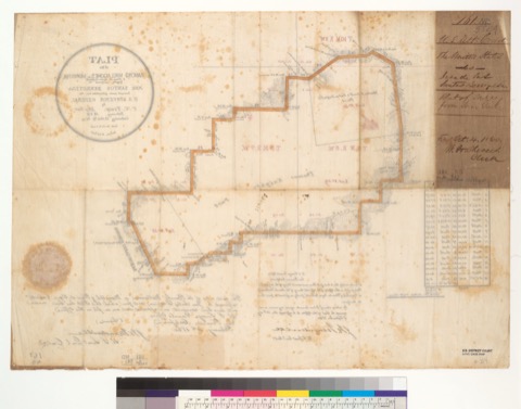 Diseño: Plat of the Rancho Mallacomes or Moristul & Plan de Agua Caliente, finally confirmed to José Santos Berreyesa 