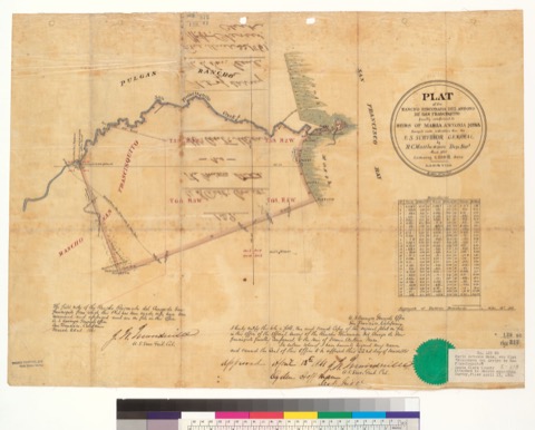 Diseño: Plat of the Rancho Rinconada del Arroyo de San Francisquito, finally confirmed to heirs of Maria Antonia Mesa 