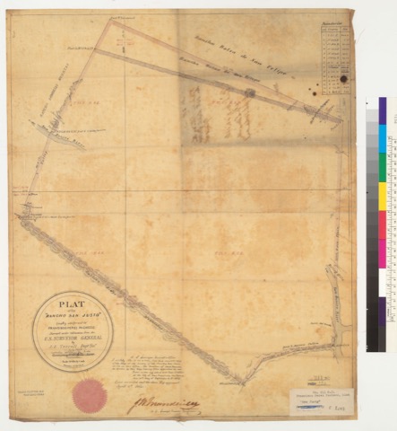 Diseño: Plat of the "Rancho San Justo" [Calif.] : finally confirmed to Francisco Perez Pacheco / surveyed under instru