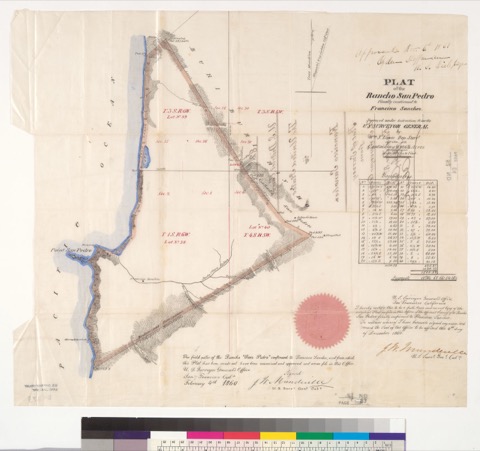 Diseño: Plat of the Rancho San Pedro, finally confirmed to Francisco Sanchez : [San Mateo Co., Calif.] / Surveyed unde