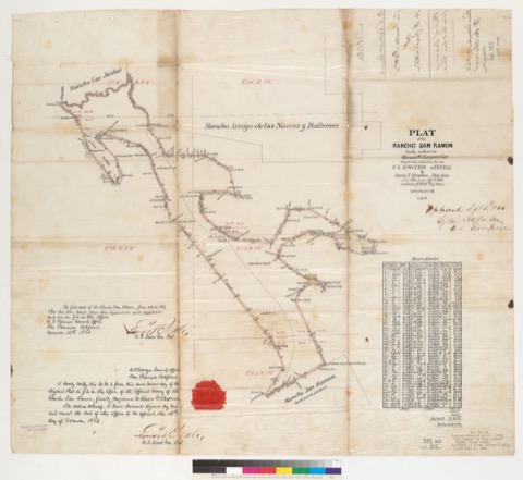 Diseño: Plat of the Rancho San Ramon [Calif.] : finally confirmed to Horace W. Carpentier / surveyed under instruction