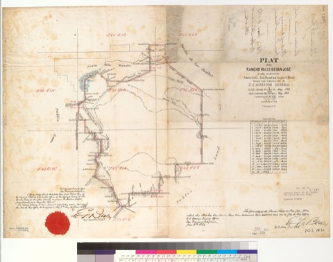 Diseño: Plat of the Rancho Valle de San Jose [Alameda County, Calif.] : finally confirmed to Antonio Su~nol, Juan Bern