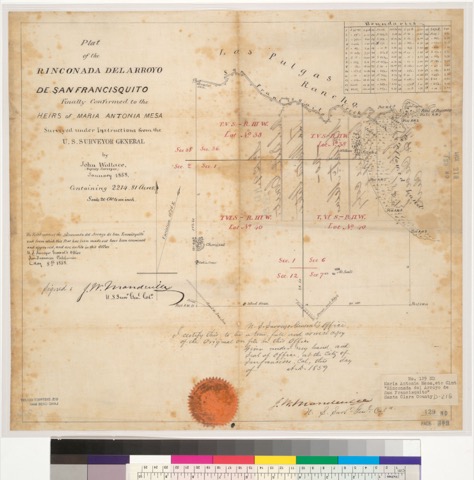 Diseño: Plat of the Rinconada del Arroyo de San Francisquito, finally confirmed to the heirs of Maria Antonia Mesa : [
