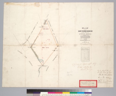Diseño: Plat of the San Ysidro Rancho, finally confirmed to Quintin Ortega (sheet 1)